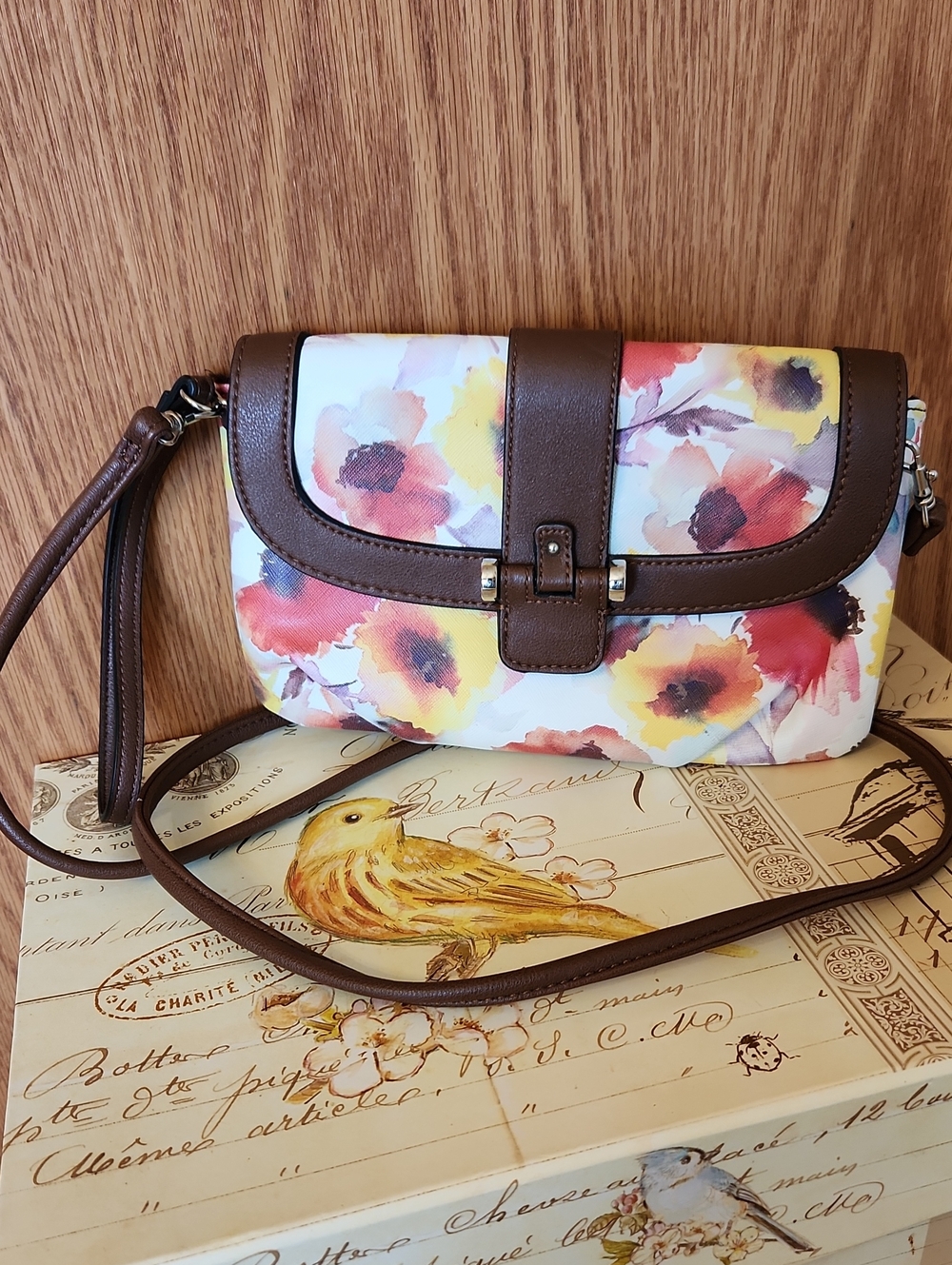 Chaps Brown Floral Watercolor Crossbody Bag